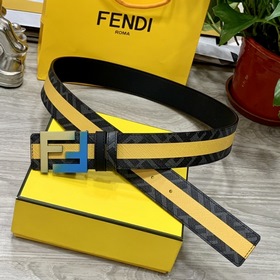 FENDI（芬迪）專櫃同款 寬4.0cm 雙環正反用腰帶 FF按釘搭扣 黑色Cu
