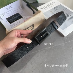 Gucci 專櫃最新款 雙面進口原廠牛皮材質 寬度3.5CM 方形G搭扣 雙面可