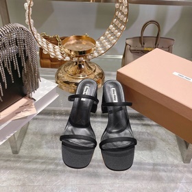 頂級品質 Miu Miu2023新款一字涼高跟涼拖 亮片閃閃鞋跟缪綢緞 水晶約
