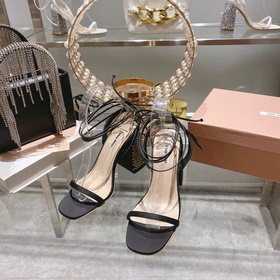 頂級品質 Miu Miu2023新款一字涼高跟涼鞋 亮片閃閃鞋跟缪綢緞 水晶約