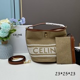 CELINE Bucket 16米色印花水桶包點綴橫幅式樣白色條紋徽标和棕色小