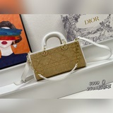 配盒子，春夏新款lady d-joy系列 女士酒椰草藤格紋淡棕色皮革滾邊單肩斜