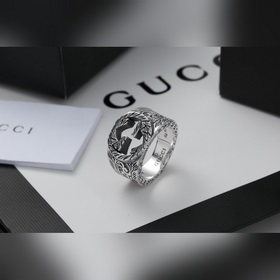 Gucci 古馳代購版純銀戒指 镂空雙G标志 雕花雕刻窄版 潮流個性純銀複古戒指