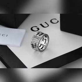 Gucci 古馳代購版純銀戒指 镂空雙G标志 雕花雕刻窄版 潮流個性純銀複古戒