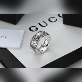 Gucci 古馳代購版純銀戒指 豹子 雙G标志 雕花雕刻窄版 潮流個性純銀複古戒