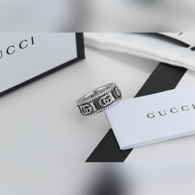 Gucci 古馳代購版純銀戒指 麻花镂空雙G标志 雕花雕刻窄版 潮流個性純銀複古