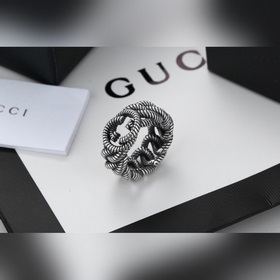 Gucci 古馳代購版純銀戒指 螺紋麻花镂空雙G标志潮流個性純銀複古戒指碼數1