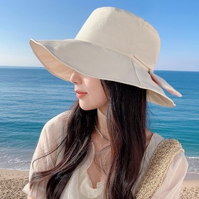 Prada普拉達帽子女時尚蝴蝶結漁夫帽夏季大檐遮陽帽出遊遮臉戶外防曬帽太陽帽