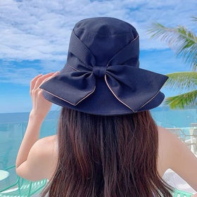 Prada普拉達帽子女時尚蝴蝶結漁夫帽夏季大檐遮陽帽出遊遮臉戶外防曬帽太陽帽