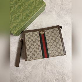 gucci Ophidia系列手拿包， 米色/烏木色GG搭配棕色皮 可拆卸腕帶，