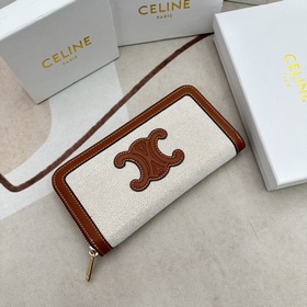 TRIOMPHE CUIR大拉鍊錢夾，織物和小牛皮天然/棕褐色織物，小牛皮襯裡飾