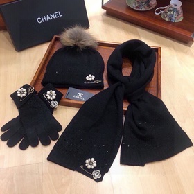 香奈兒三件套 CHANEL羊絨針織圍巾帽子和手套三件套  70%羊絨30%兔毛成