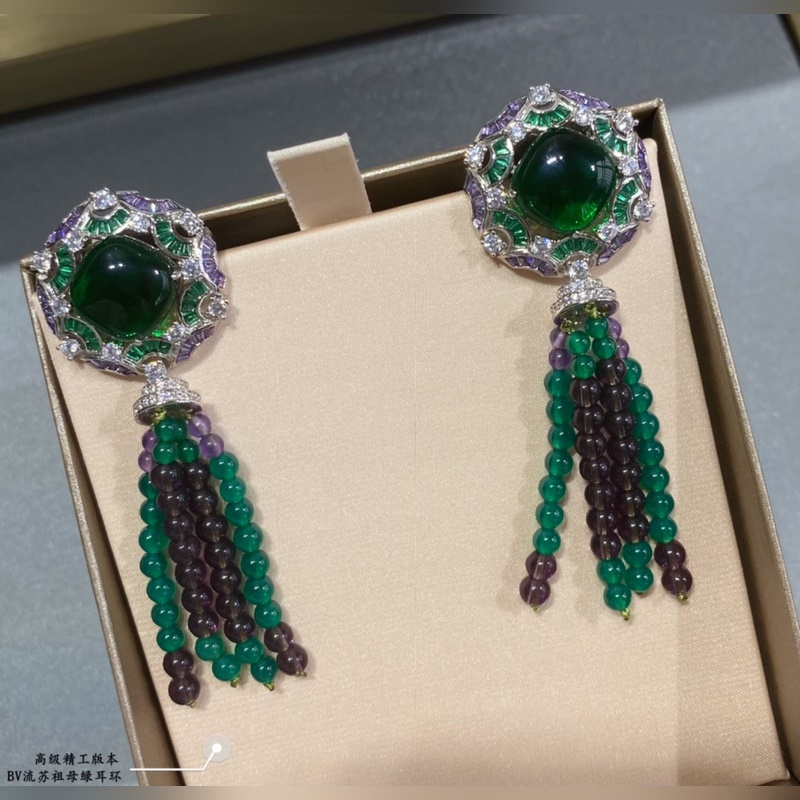 寶格麗高級精工流蘇祖母綠耳環，奢華大氣款 意大利工藝， 祖母綠天然大號綠瑪瑙鑲嵌
