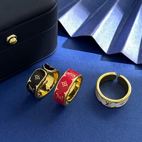 LV路易威登精緻菱形十字花LV字母金色飾面琺瑯滴油開口戒指 3個色：金白 金黑