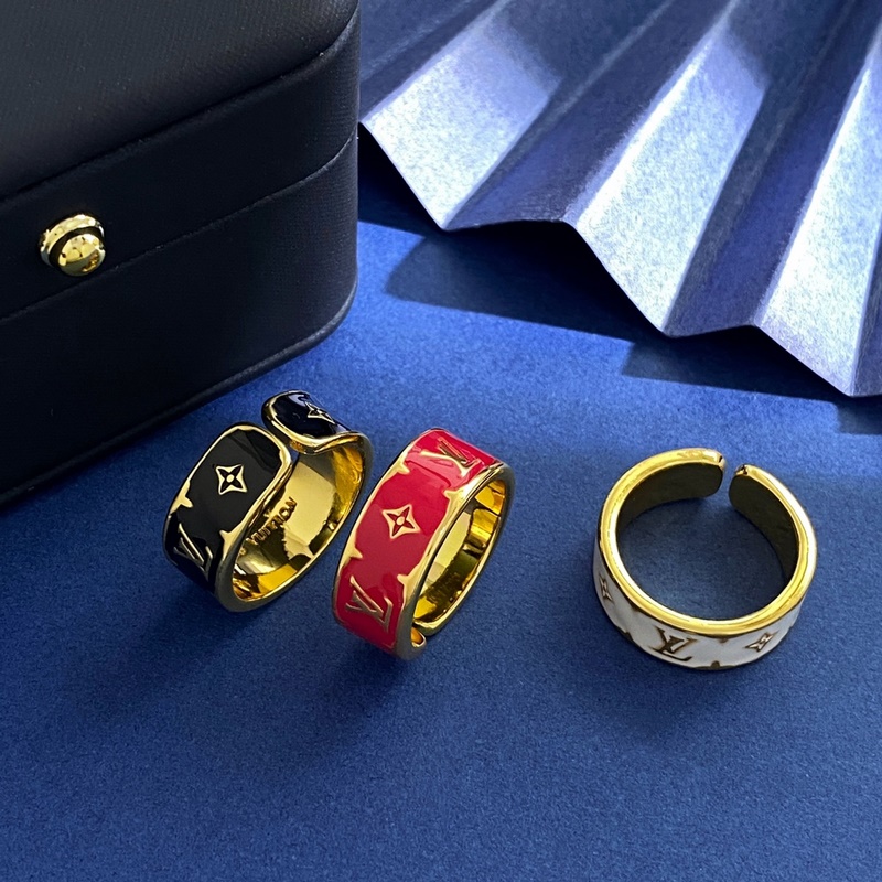 LV路易威登精緻菱形十字花LV字母金色飾面琺瑯滴油開口戒指 3個色：金白 金黑