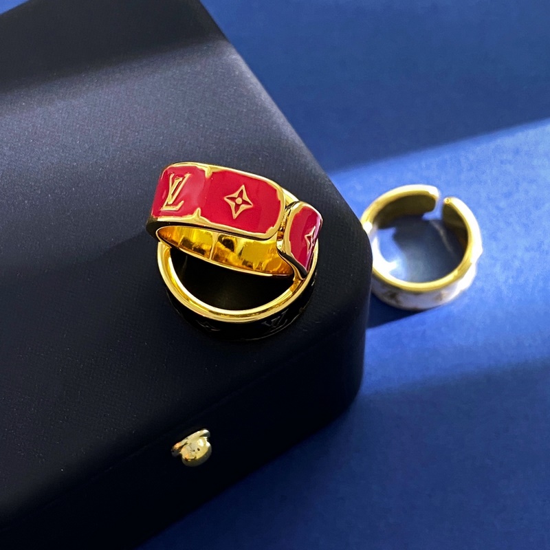LV路易威登精緻菱形十字花LV字母金色飾面琺瑯滴油開口戒指 3個色：金白 金黑