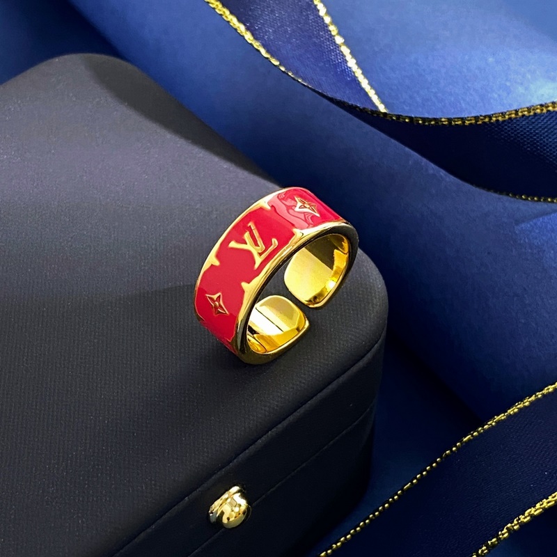 LV路易威登精緻菱形十字花LV字母金色飾面琺瑯滴油開口戒指 3個色：金白 金黑