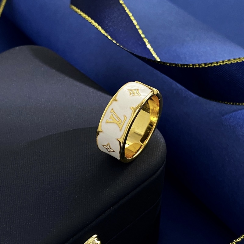 LV路易威登精緻菱形十字花LV字母金色飾面琺瑯滴油開口戒指 3個色：金白 金黑