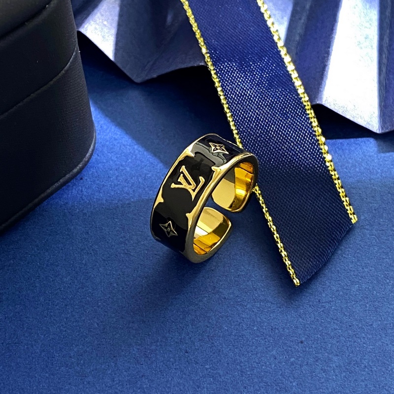 LV路易威登精緻菱形十字花LV字母金色飾面琺瑯滴油開口戒指 3個色：金白 金黑