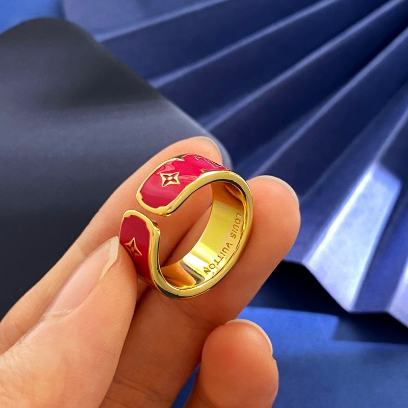 LV路易威登精緻菱形十字花LV字母金色飾面琺瑯滴油開口戒指 3個色：金白 金黑