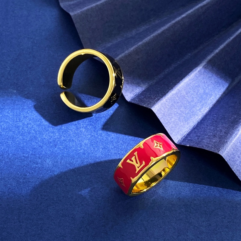 LV路易威登精緻菱形十字花LV字母金色飾面琺瑯滴油開口戒指 3個色：金白 金黑