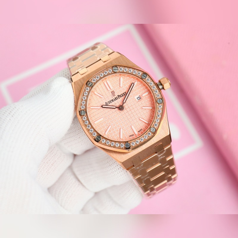 女款_愛彼 AP-皇家橡樹系列 錶盤飾以Lady Tapisserie格紋裝飾，呈現(xiàn)出