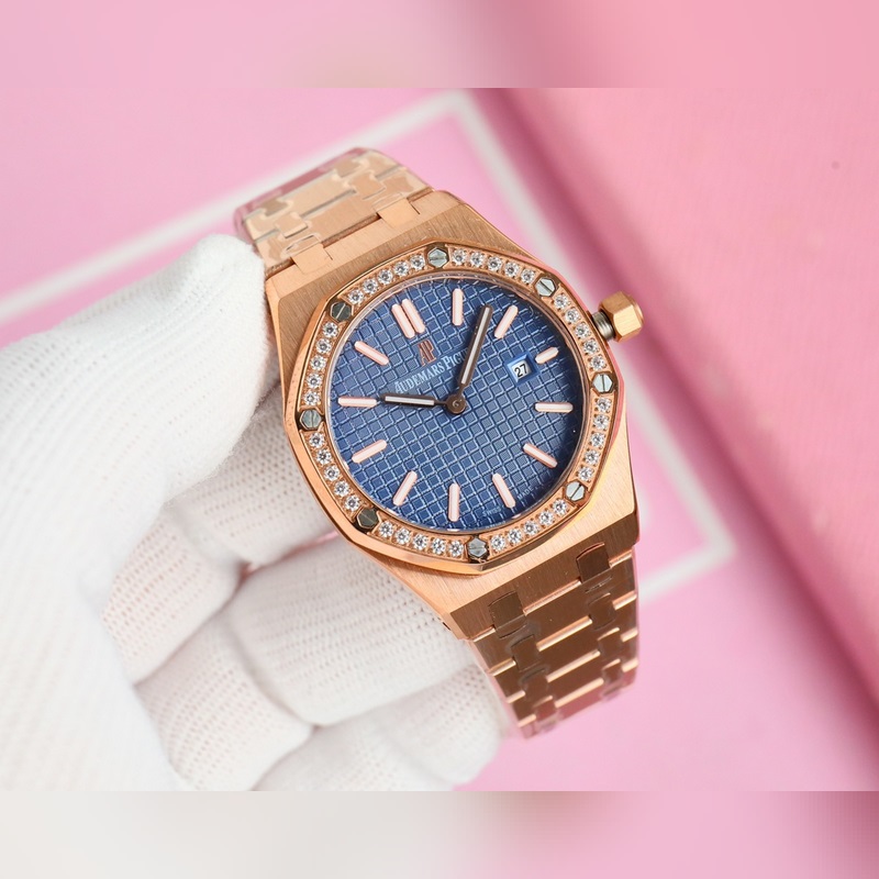 女款_愛彼 AP-皇家橡樹系列 錶盤飾以Lady Tapisserie格紋裝飾，呈現(xiàn)出