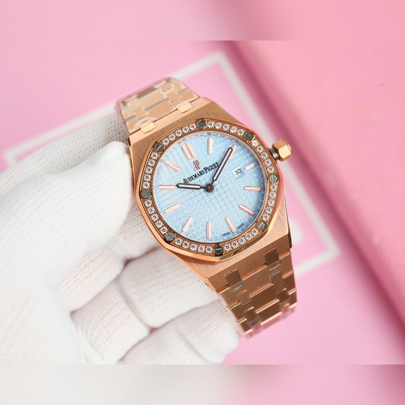 女款_愛彼 AP-皇家橡樹系列 錶盤飾以Lady Tapisserie格紋裝飾，呈現(xiàn)出