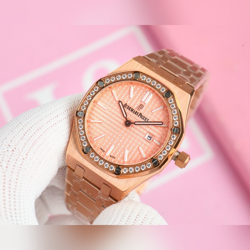 女款_愛彼 AP-皇家橡樹系列 錶盤飾以Lady Tapisserie格紋裝飾，呈現(xiàn)出