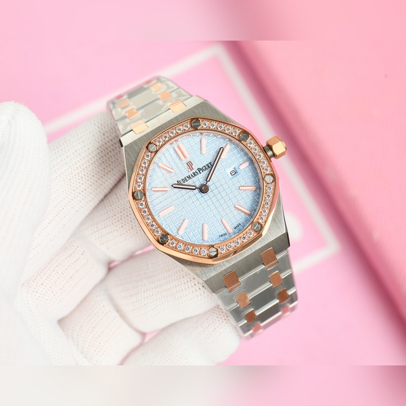 女款_愛彼 AP-皇家橡樹系列 錶盤飾以Lady Tapisserie格紋裝飾，呈現出