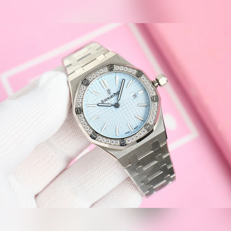 女款_愛彼 AP-皇家橡樹系列 錶盤飾以Lady Tapisserie格紋裝飾，呈現(xiàn)出