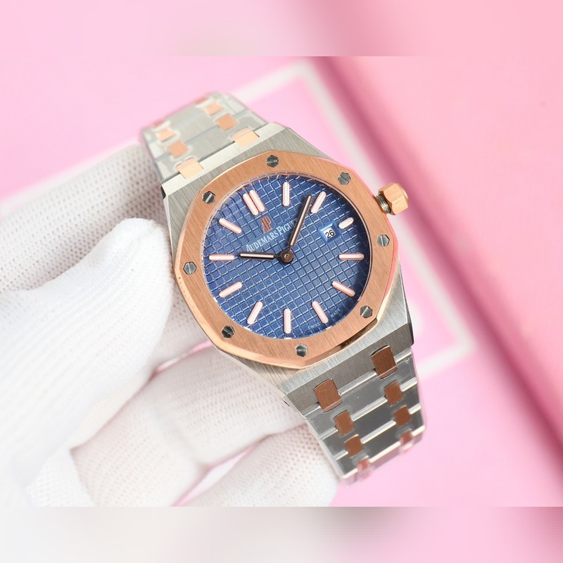 女款_愛彼 AP-皇家橡樹系列 錶盤飾以Lady Tapisserie格紋裝飾，呈現出