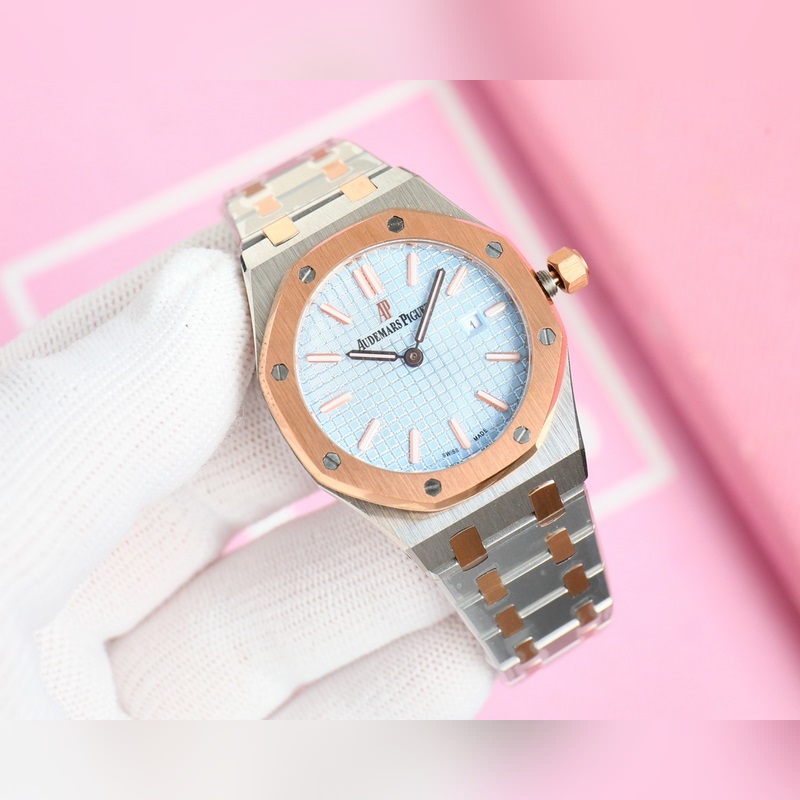 女款_愛彼 AP-皇家橡樹系列 錶盤飾以Lady Tapisserie格紋裝飾，呈現出