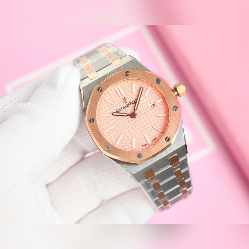 女款_愛彼 AP-皇家橡樹系列 錶盤飾以Lady Tapisserie格紋裝飾，呈現出