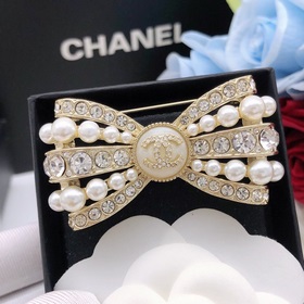 香奈兒 珍珠鑲鑽 雙C胸針 原版複刻 專櫃一比一黃銅材質金屬 水晶 蝴蝶結