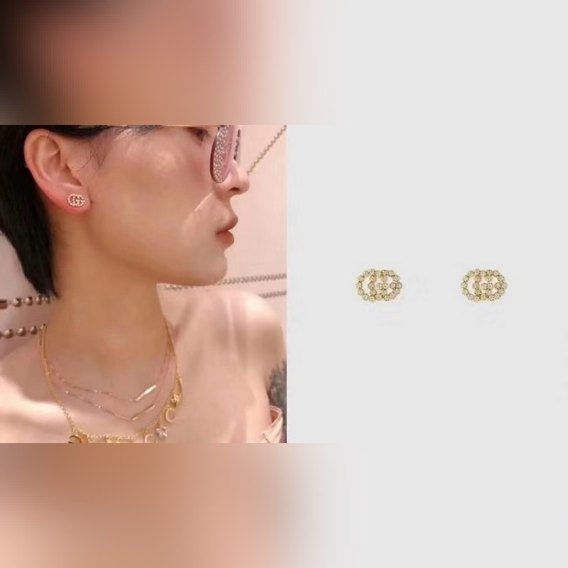 gucci字母雙g金色滿鑽耳釘running系列黃金耳環，滿鑽款，複古又華麗，搭