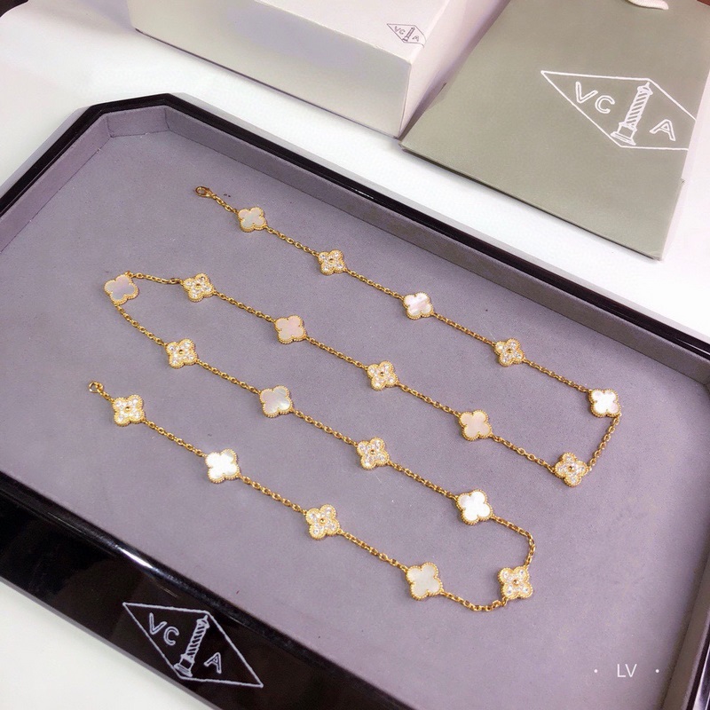 vca四葉草梵克雅寶 滿鑽 白貝母 二十花項(xiàng)鍊20花 彩寶長(zhǎng)鍊毛衣鍊，重工的款式