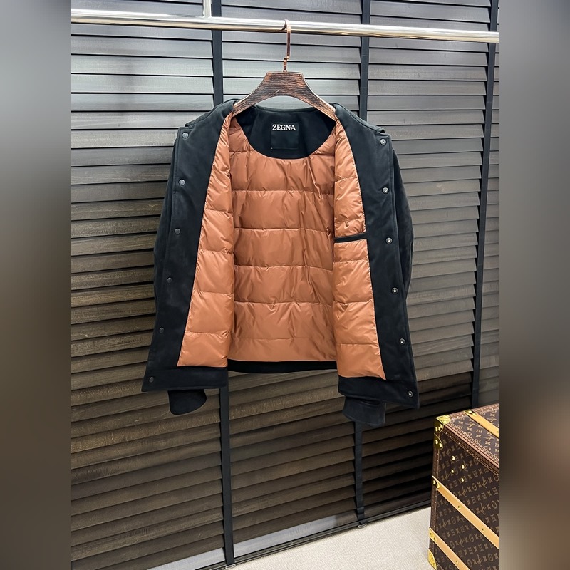 Zegna 傑尼亞 25秋冬時尚翻領麋鹿皮輕薄羽絨夾克 內沖80g-90白鴨絨