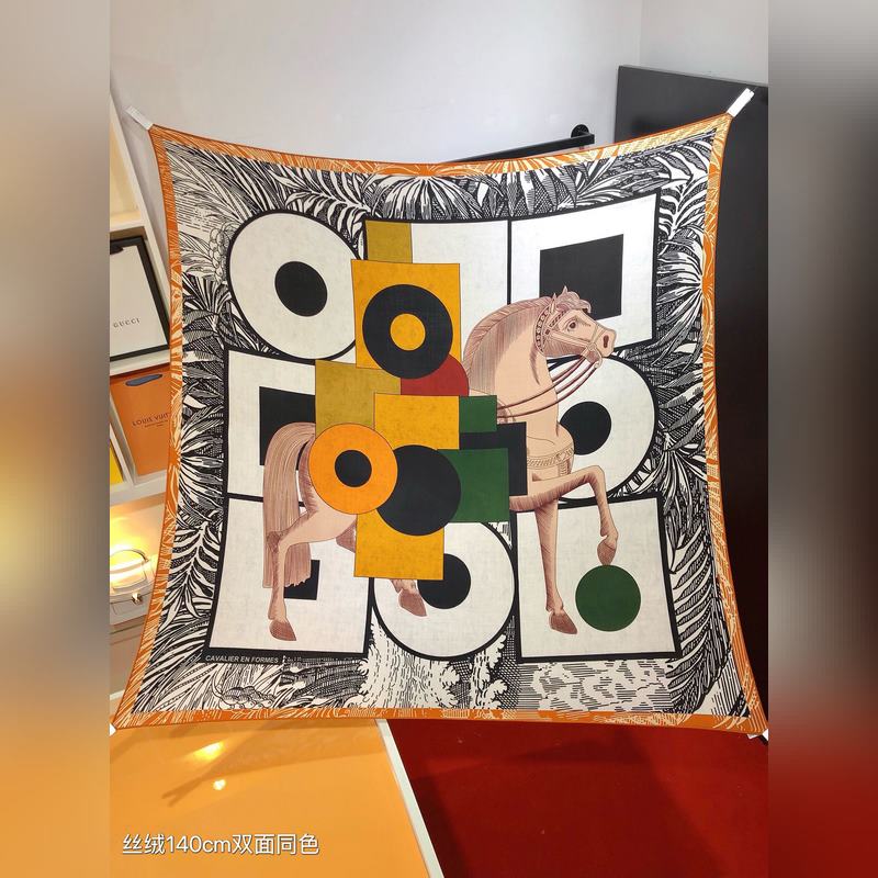 雙面同色 140x140cm 70%羊絨30%真絲 愛馬仕 優雅騎士 全套包裝