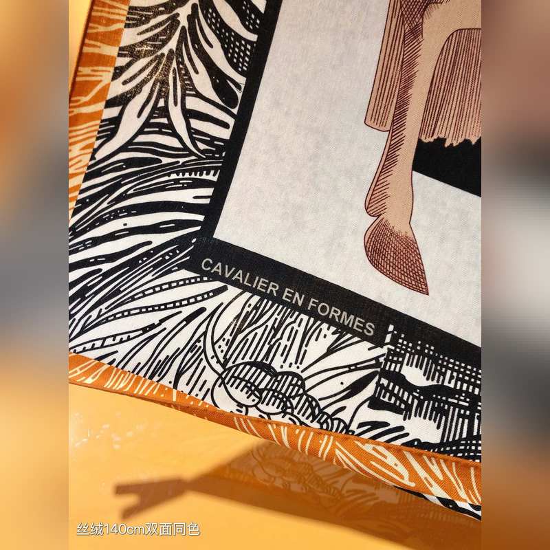 雙面同色 140x140cm 70%羊絨30%真絲 愛馬仕 優雅騎士 全套包裝