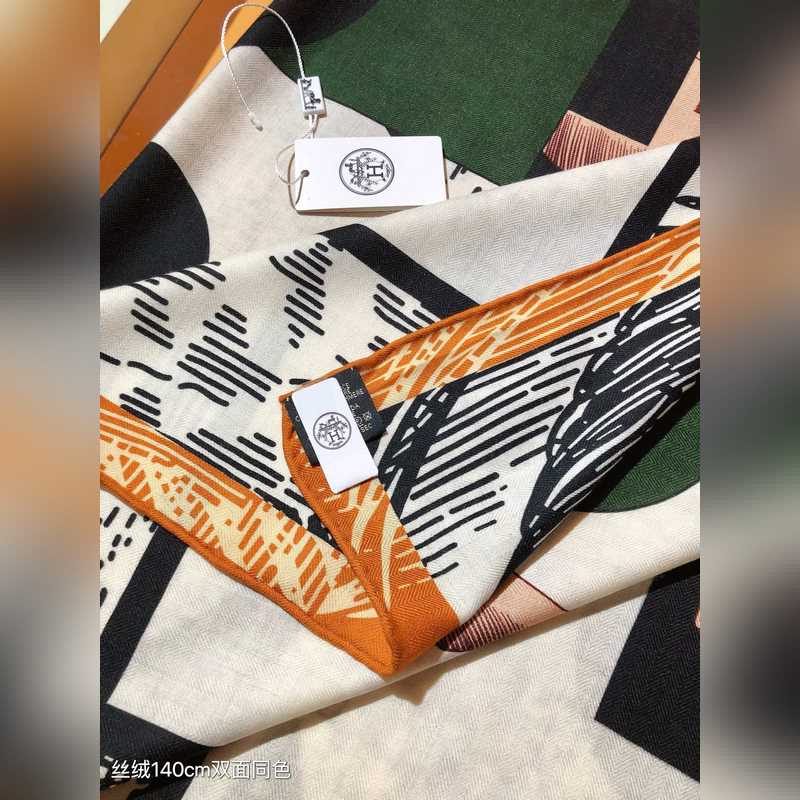 雙面同色 140x140cm 70%羊絨30%真絲 愛馬仕 優雅騎士 全套包裝