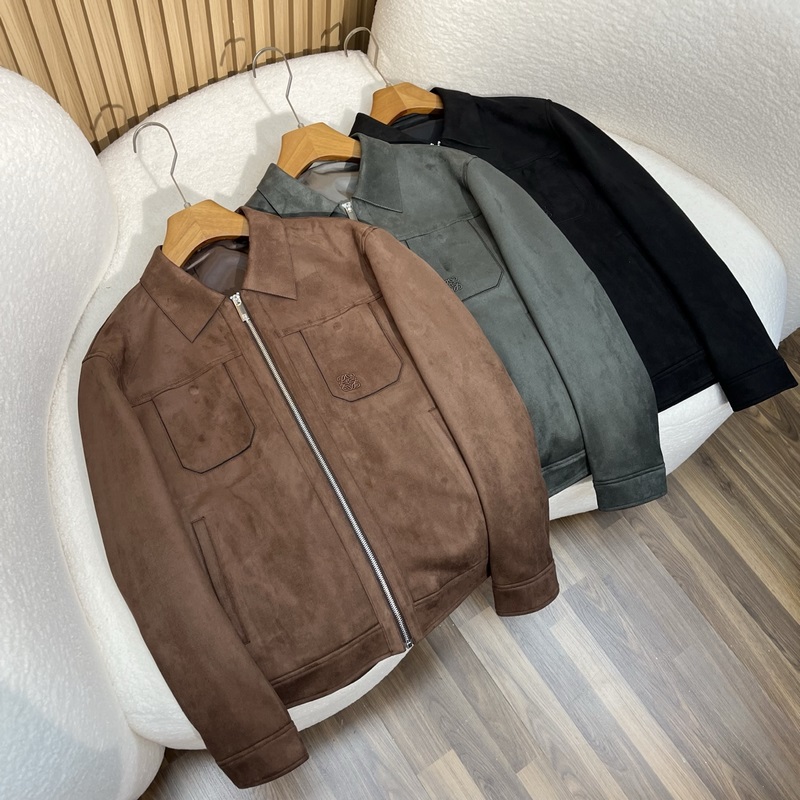 羅意威LOEWER25早秋新款麂皮絨環保皮革翻領夾克，男士經典字母標識壓紋襯衫式