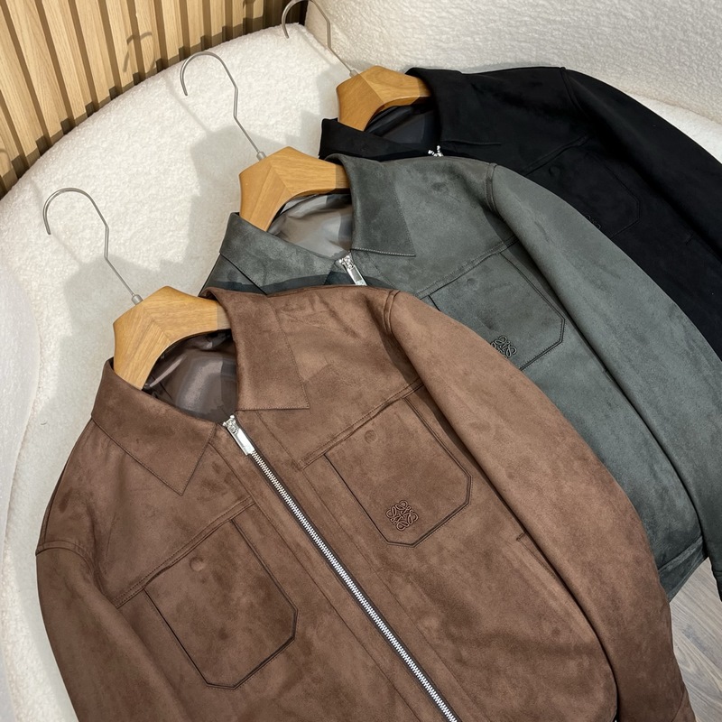 羅意威LOEWER25早秋新款麂皮絨環保皮革翻領夾克，男士經典字母標識壓紋襯衫式