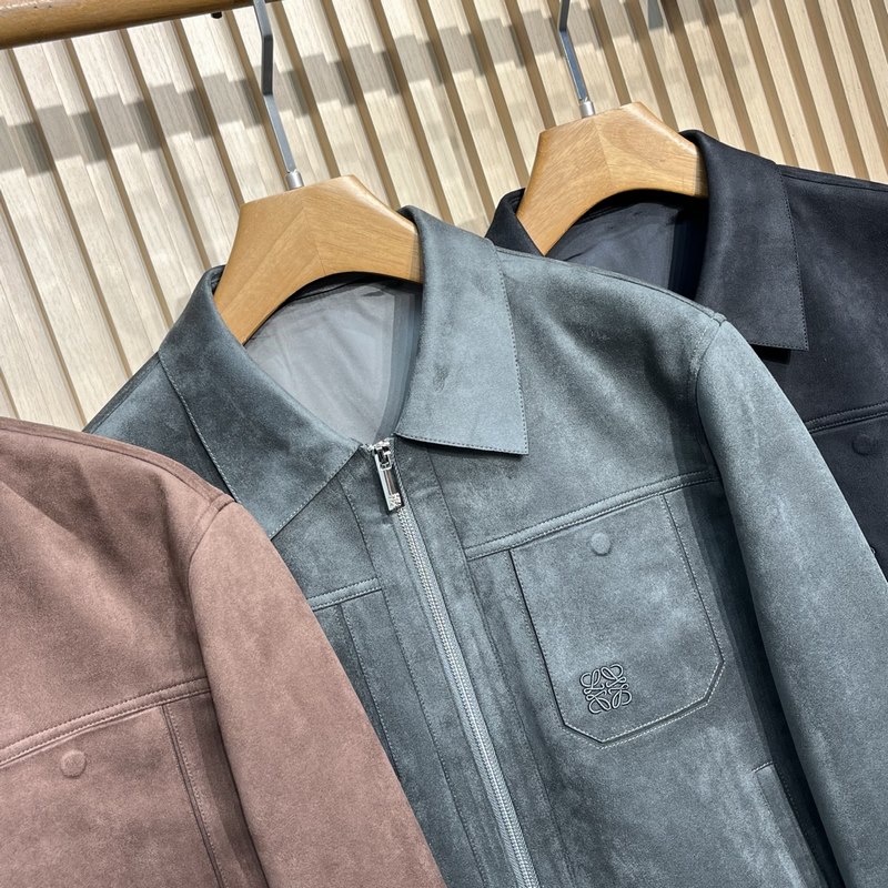 羅意威LOEWER25早秋新款麂皮絨環保皮革翻領夾克，男士經典字母標識壓紋襯衫式