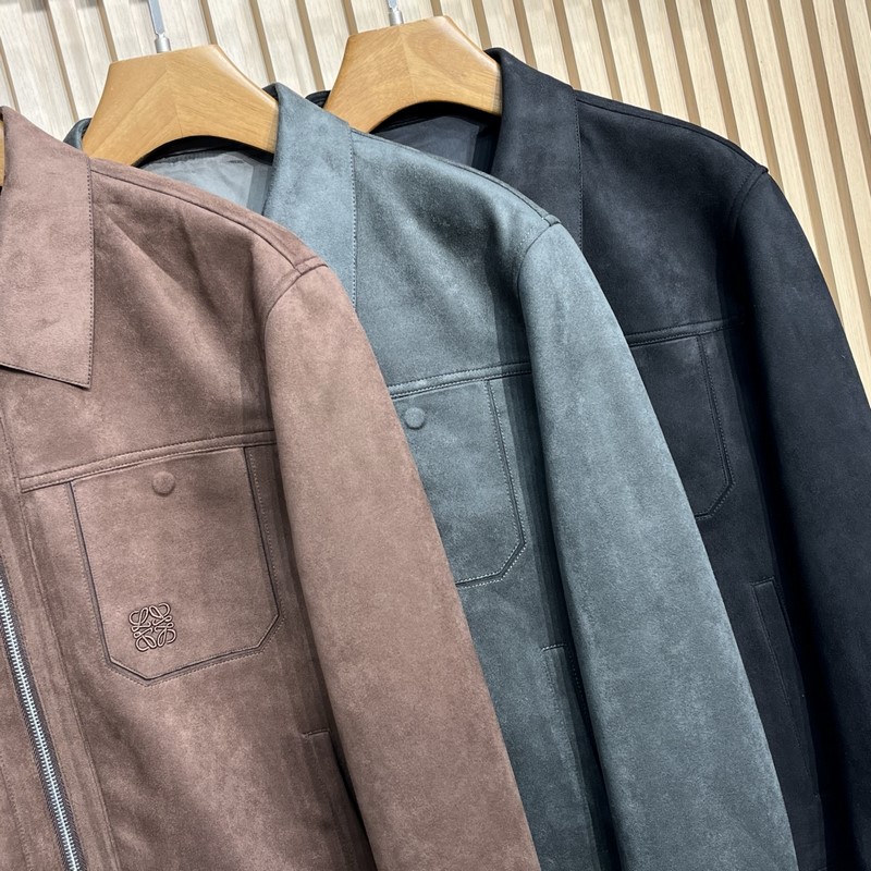 羅意威LOEWER25早秋新款麂皮絨環保皮革翻領夾克，男士經典字母標識壓紋襯衫式