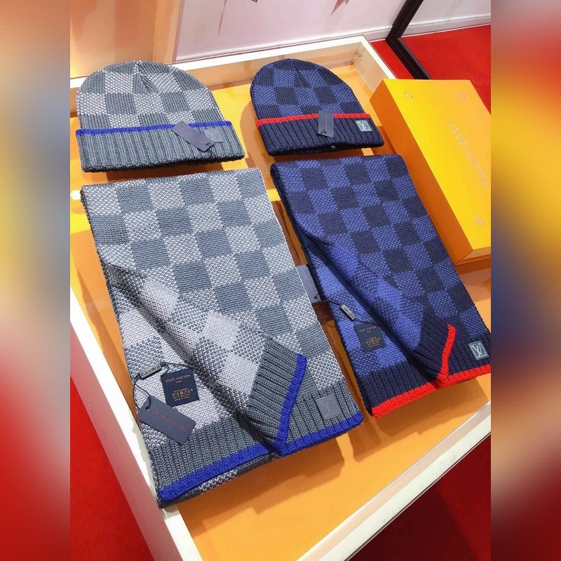[極品套裝]LV超強硬貨 加厚棋盤格羊絨 圍巾+帽子 超暖舒適全羊絨版，粗款風格