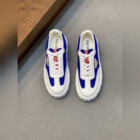 Prada，普拉達 男士皮革休閑運動鞋 采用進口小牛皮拼接網布鞋面，立體幾何分割