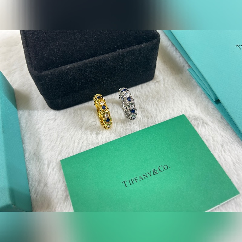 蒂芙尼 Tiffany 十六石交叉戒指 白鑽間籃鑽 碼數：6-9號