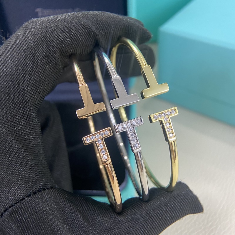 蒂芙尼手鐲 新品光面間鑽雙T手鐲