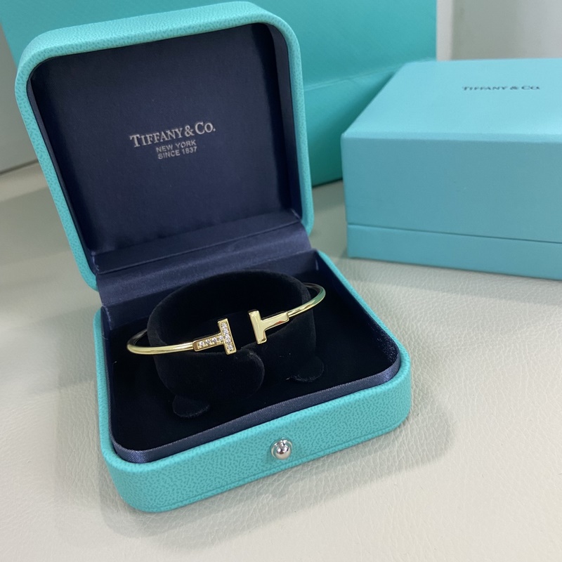 蒂芙尼手鐲 新品光面間鑽雙T手鐲